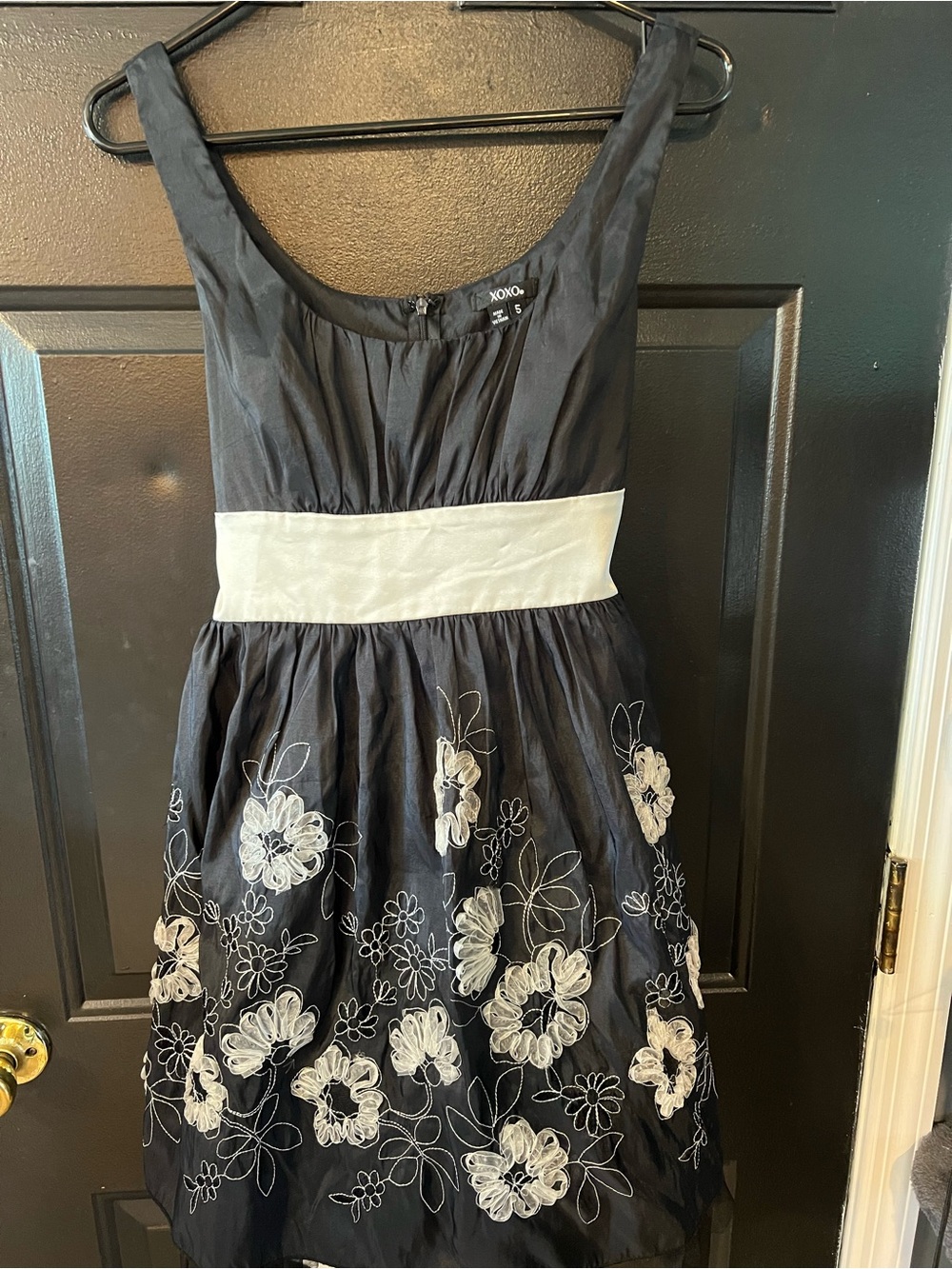 XOXO Black Dress with White Floral Embroidery and White Waistband